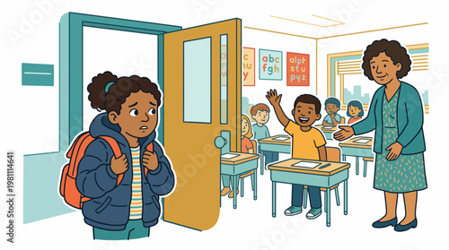 Shy new student girl at classroom door being welcomed by teacher and happy classmates