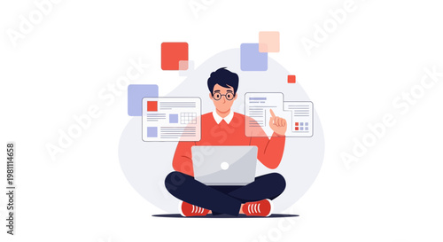 Man working on laptop with digital interface, data visualization, online learning, remote work concept