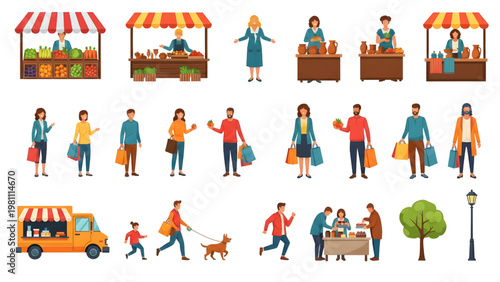 Top View Outdoor Market Sellers and Shoppers Architectural Human Activity Blueprint Vector Set Flat Color Isolated on White Background