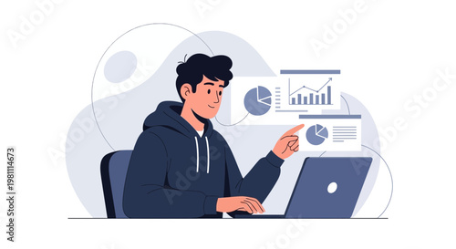 Man working on laptop with financial charts and graphs, data analysis concept