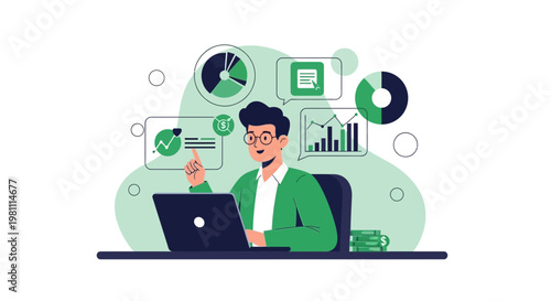 Man working on laptop with financial charts and graphs, business analytics concept