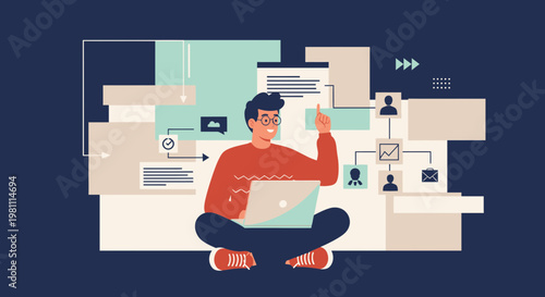 Man working on laptop with flowchart and data visualization