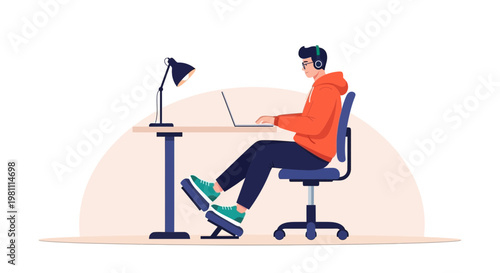 Man working on laptop with headphones, using under-desk pedal exerciser