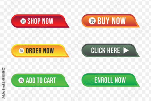 Modern E-commerce Web Button Set with Angled Edge Design - Shop Now, Buy Now, Order Now, Click Here, Add to Cart, and Enroll Now.
