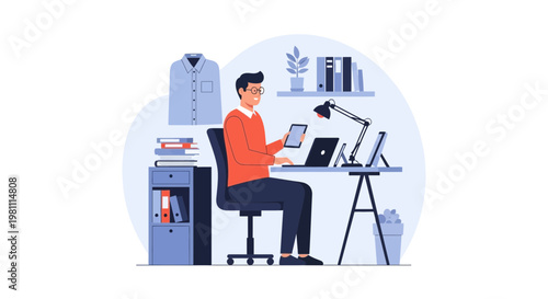 Man Working Remotely From Home Office, Using Laptop and Tablet