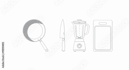Vector illustration of assorted household items including kitchen utensils, tool sets, manicure tools, and appliances such as blender, mixer, cups, bottles, and glassware