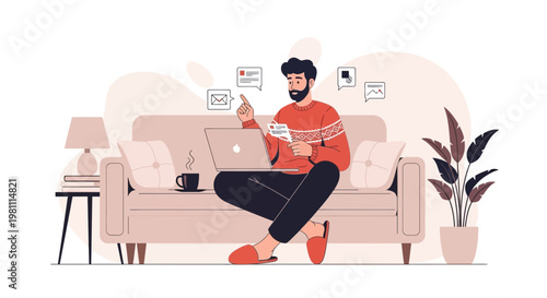 Man Working Remotely on Laptop on Sofa, Home Office Concept