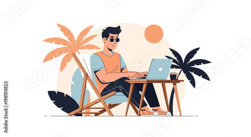 Man Working Remotely on Laptop on Tropical Beach Vacation