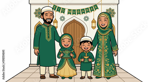 Happy Muslim Family Celebrating Eid Mubarak with Gifts in Green Traditional Attire Illustration