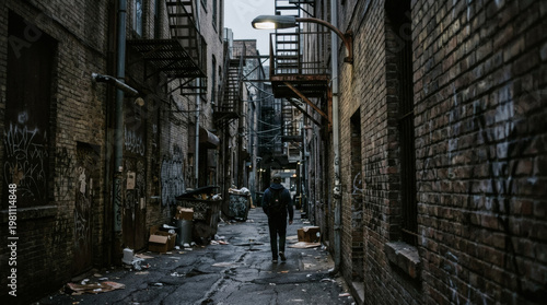 A narrow, dimly lit urban alleyway lined with brick buildings, trash-filled bins, and a solitary figure walking away. The scene exudes a gritty, atmospheric vibe, with muted colors.