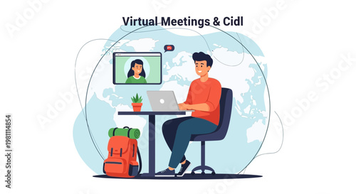 Man working remotely on laptop, virtual meeting with colleague, global connection concept