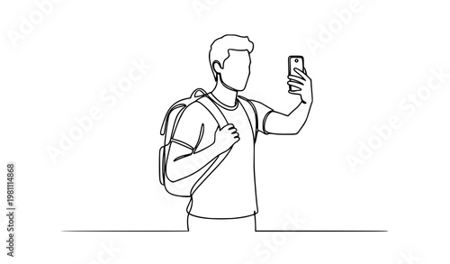 Minimal one line man taking selfie with smartphone backpack dynamic travel vector illustration