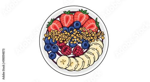 Traditional Thai style painting of colorful sweet desserts and fruits on a plate with vibrant abstract circle background