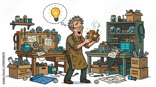 Eccentric inventor having a eureka moment in a messy workshop full of prototypes