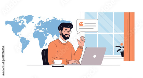 Man working remotely with laptop and world map background, video call concept