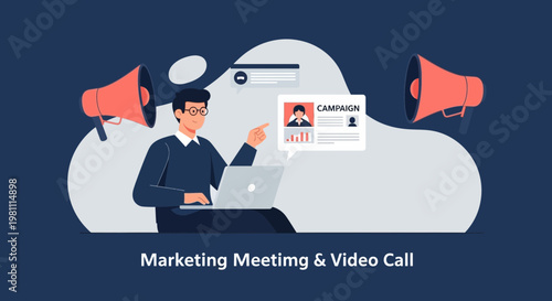 Marketing Meeting Video Call with Megaphones and Campaign Data