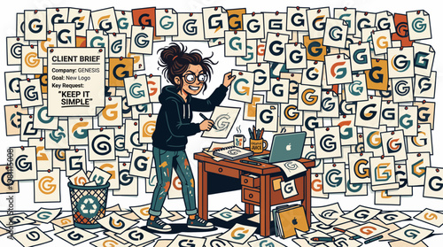 Illustration of a graphic designer overwhelmed by a simple logo design brief