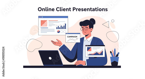 Online Client Presentation: Woman Presenting Data and Charts on Laptop
