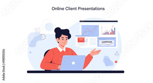 Online Client Presentation: Woman with Laptop, Charts, and Campaign Data