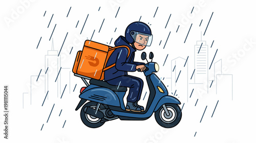 Delivery service courier on blue scooter riding in rain with orange thermal bag