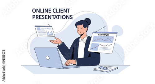 Online Client Presentations: Woman Presenting Data and Campaigns on Laptop