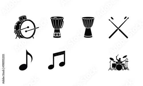 Music drums and percussion instruments vector silhouette illustration line art icons collection.