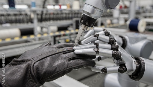 Collaborative robot stitching finger gussets with detailed accuracy highlighting the blend of humanlike dexterity and industrial automation in textile production.