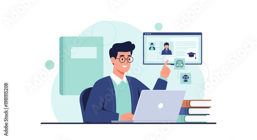 Online Education Concept: Man Learning on Laptop with Virtual Classroom Interface