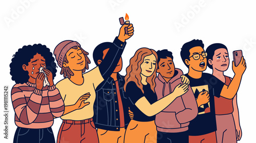 Diverse Youth Expressing Grief Solidarity and Hope at a Memorial Event Flat Illustration