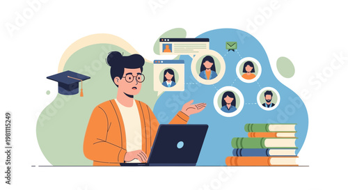 Online learning concept: student with laptop connecting with diverse people and graduation cap