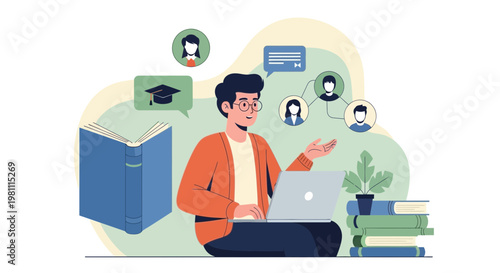 Online Learning: Student with Laptop, Books, and Virtual Connections