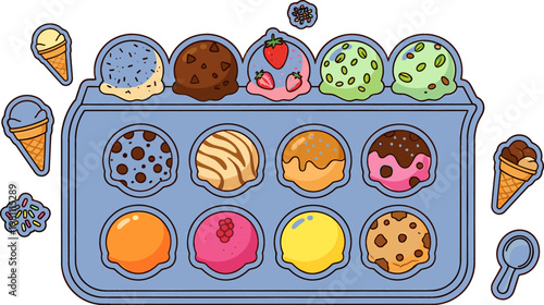 Set of 12 Colorful Ice Cream Scoops in a Tray with Cones, Sprinkles, and Fun Toppings
