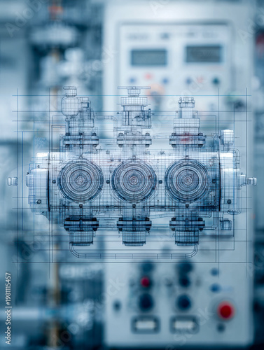 Transparent blueprint overlay of an industrial mechanical component with control panel in a high-tech manufacturing environment focusing on engineering design