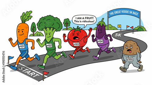 Humorous Cartoon Illustration of Vegetables Running a 5K Race with Tomato and Potato