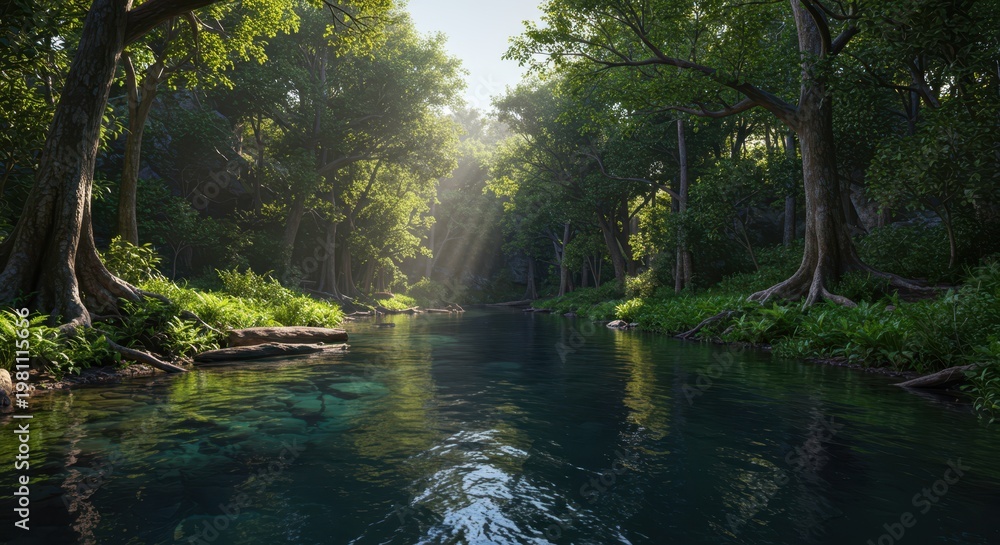 Obraz premium Serene jungle waterway flows through dense lush vegetation under sunbeams