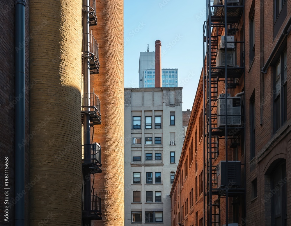Naklejka premium Tall buildings form narrow urban alleyway. Sunlight hits brick walls casting long shadows. Fire escapes climb exterior walls. Clear sky above city street canyon. Modern and old architecture contrast.
