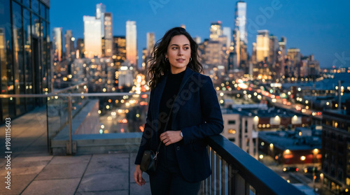 Photograph of a woman with long dark hair in a navy blazer and black pants standing on a rooftop balcony, gazing at a city skyline at dusk.