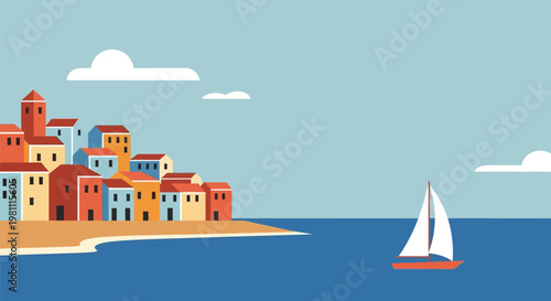 Charming Coastal Town with Colorful Houses.