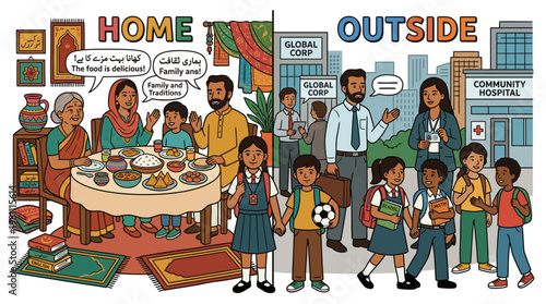 South Asian family split between traditional home traditions and modern professional public life illustration