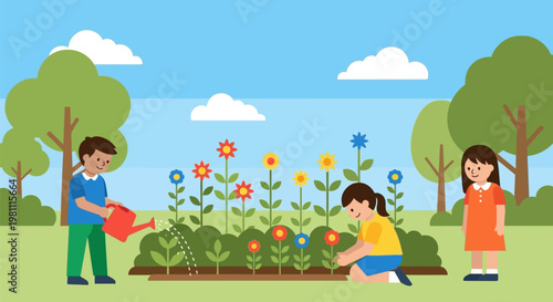 Children actively engaged in gardening, watering and tending to vibrant flowers.