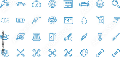 Automotive service icon set featuring car parts, tools, battery, engine, tire, and maintenance symbols in clean outline vector style for repair and mechanic design