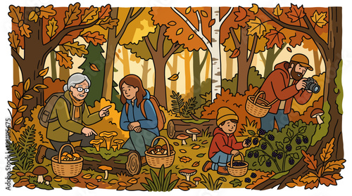 Family foraging for mushrooms and berries in colorful autumn forest cartoon illustration