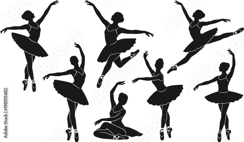 Ballet dancer silhouette set featuring graceful female performers in classic poses, black vector collection of elegant dance movements for performance, art, and choreography design