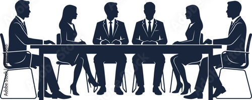 Business meeting silhouette of professional team discussing strategy at conference table, corporate teamwork collaboration concept, office discussion scene with executives in formal setting