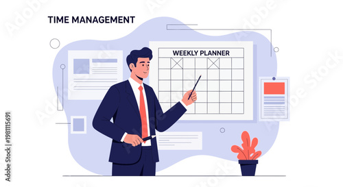 Business man presenting time management plan on weekly planner board