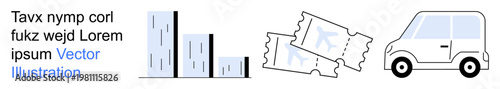 Urban planning, travel logistics, data analysis, mobility solutions, ticketing services, transportation. Minimalist city buildings, bar chart tickets compact car. Urban planning and travel