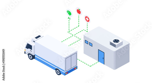 Isometric Smart Refrigerated Logistics Truck and Warehouse with AI Technology for Food and Medical Distribution - Cold Chain Concept