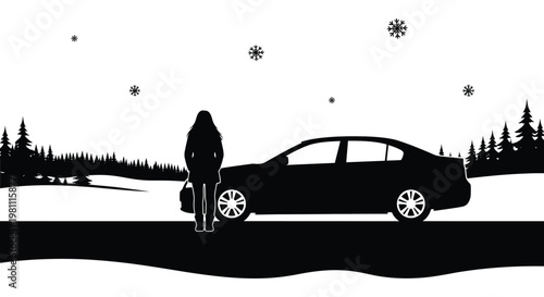 A lone figure stands beside a car in a snowy winter landscape silhouette