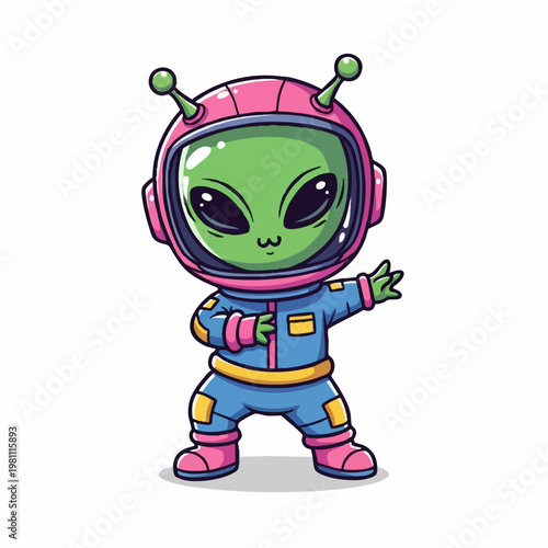 Cute space alien dancing in colorful suit