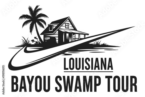 Classic black and white vector logo design for a bayou swamp tour in Louisiana, featuring a palm tree and traditional boat. Ideal for travel brochures, tourism ads, and regional branding projects.